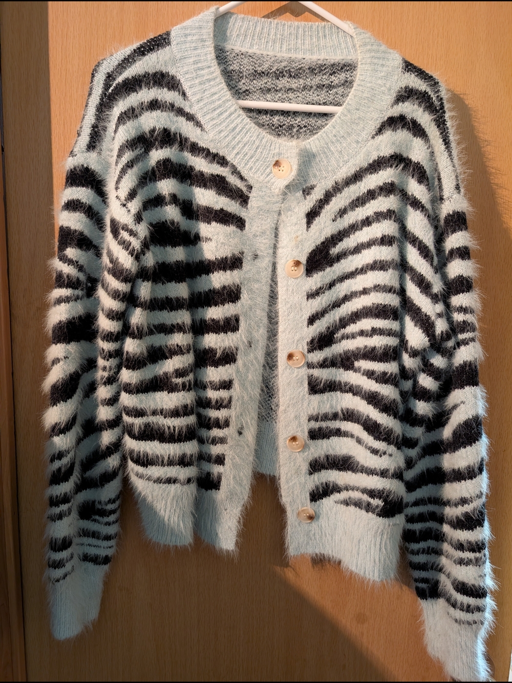 Fuzzy Zebra-Stripe Button Cardigan - Light Blue and Black